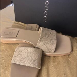 Gucci Beige Monogram Canvas Slide Sandals